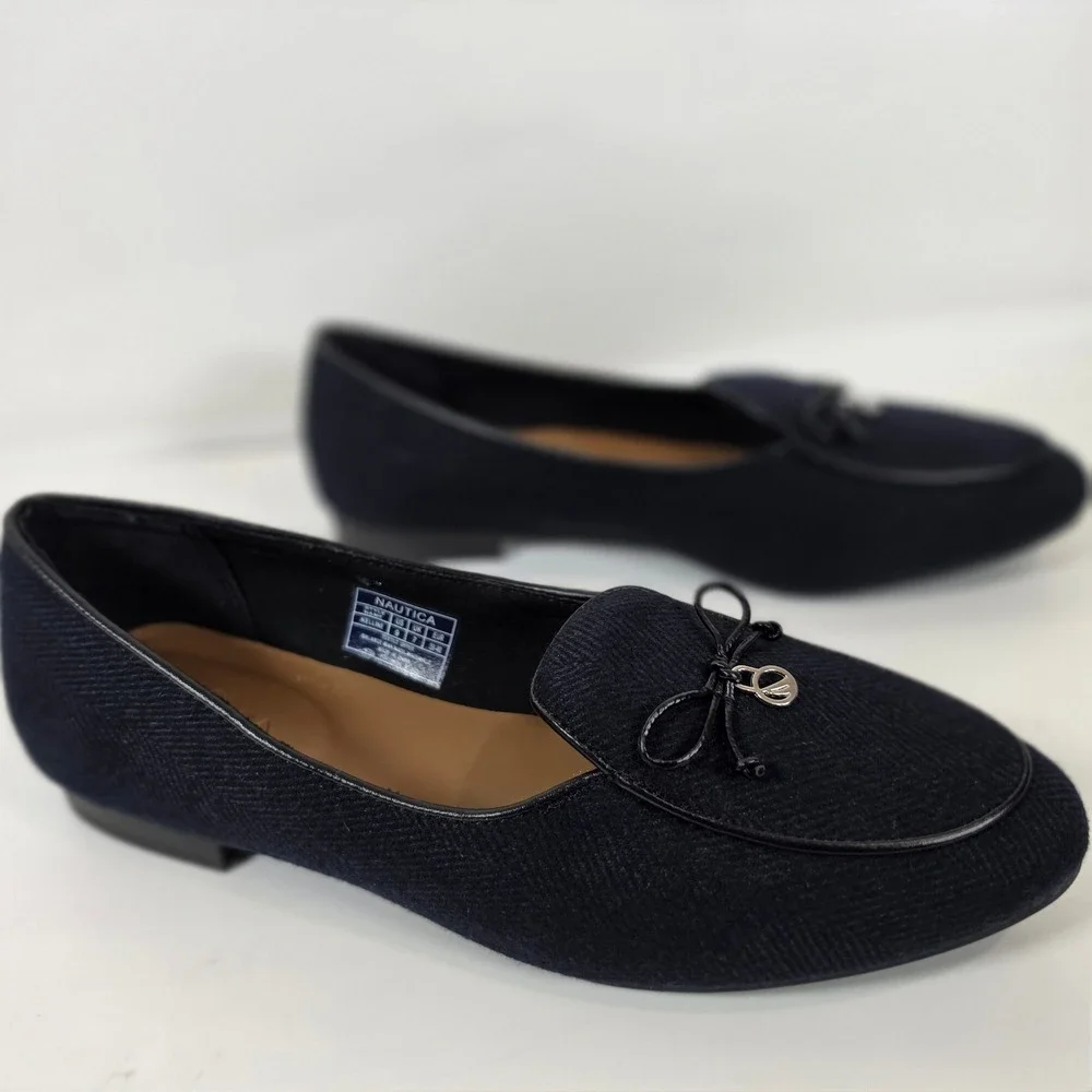 Nautica Kelline Navy Black Herringbone Bow Loafers Flats Womens 9